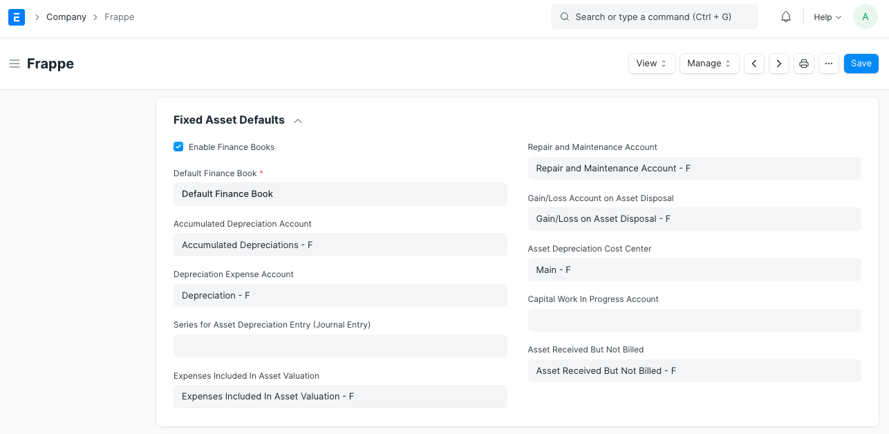 Fixed Asset Defaults